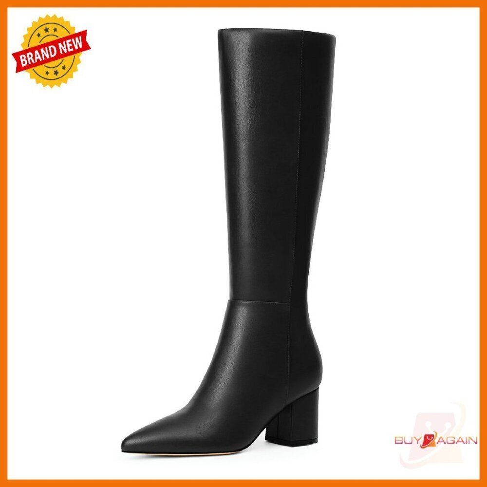 Knee High Boots Chunky Heel Pointed Toe Side Zipper Long Boots